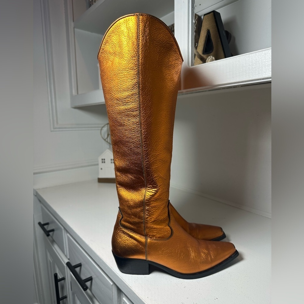 Feners Metallic Bronze Knee High Boots EU37 6.5/7 Pointed Toe Leather Western - Picture 5 of 10